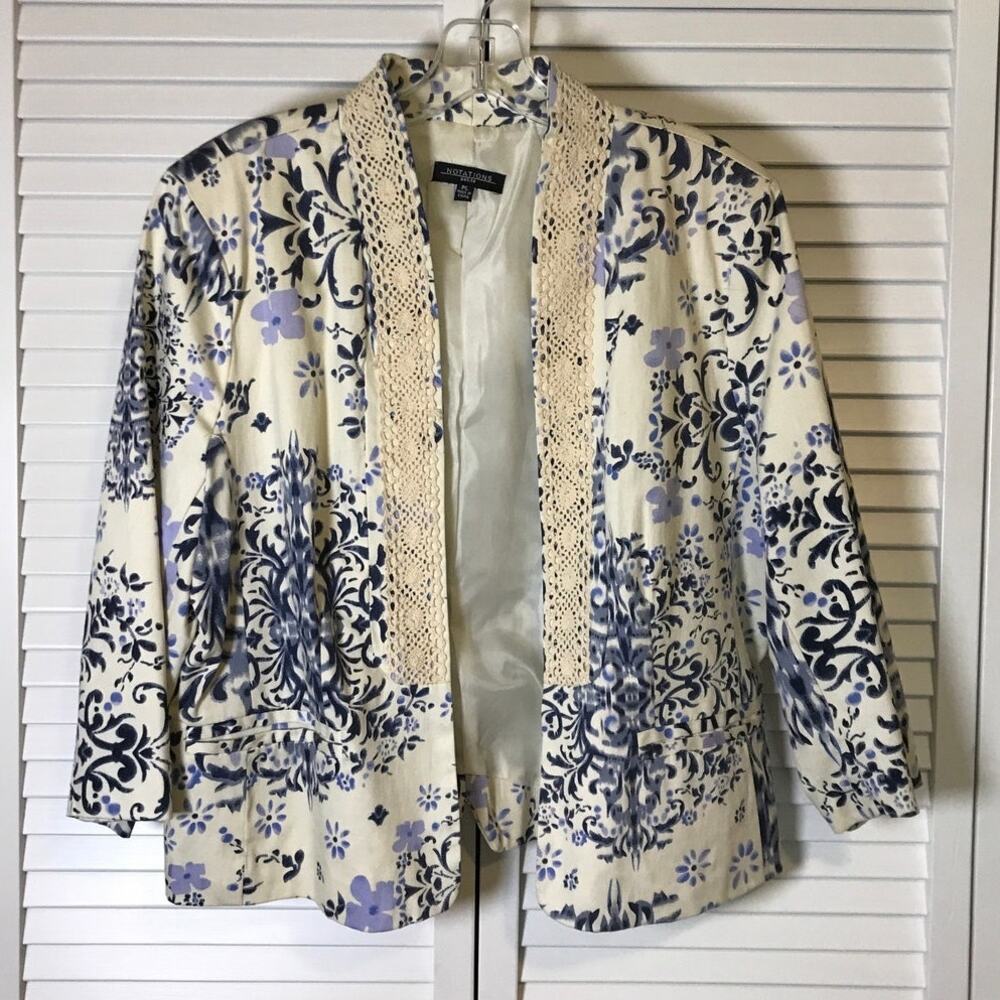 Vtg Notations Y2K Boho Floral Lace Trim Open Front Blazer Jacket PL
